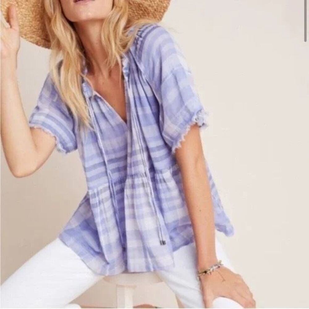 ✨Anthropologie Pilcro Casual Blouse Bette Plaid Babydoll Sz L Blouse Lavender ✨ - Picture 2 of 9